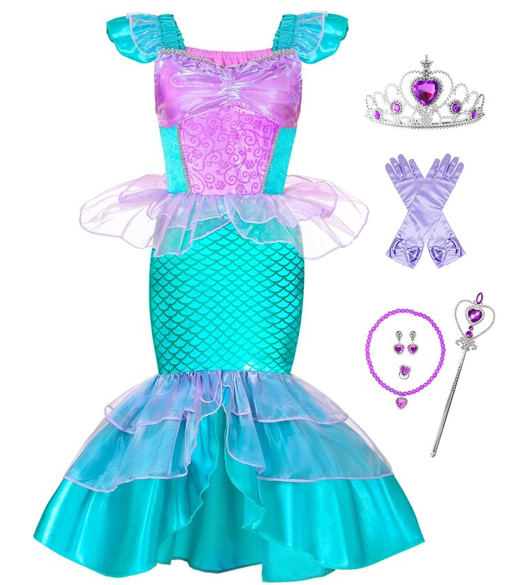 PRICES MAY VARY. ❤ Stunning Mermaid Design: Little mermaid dress for girls with its vibrant colors, shimmering scales, and whimsical fin details, girls costumes Inspired by the mermaid movie, for baby girls who want to make a splash at the party! ❤ Mermaid Dress Packing List: Little mermaid costume comes with tiara + wand + gloves + necklace + earings+ ring. Mermaid costume includes everything she needs to complete her transformation into a beautiful sea princess, toddler mermaid costume will de Ariel Dress For Kids Princess Costumes, Toddler Mermaid Costumes, Dress Packing, Girls Mermaid Costume, Mermaid Movie, Ariel Costume, Sea Princess, Ariel Costumes, Little Mermaid Dresses