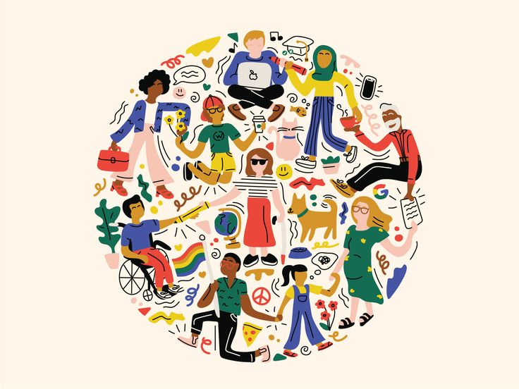 an illustration of people sitting in a circle with different types of things around them on it