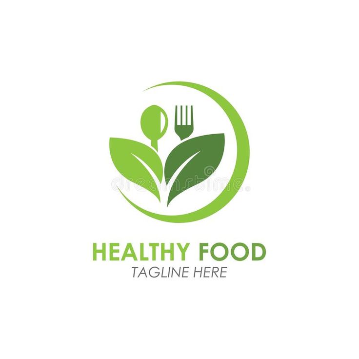 healthy food logo design with green leaves and fork, on white background royalty photo - illustration