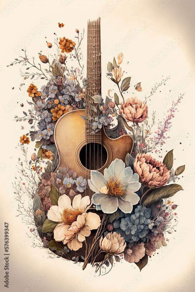 an acoustic guitar surrounded by flowers and leaves