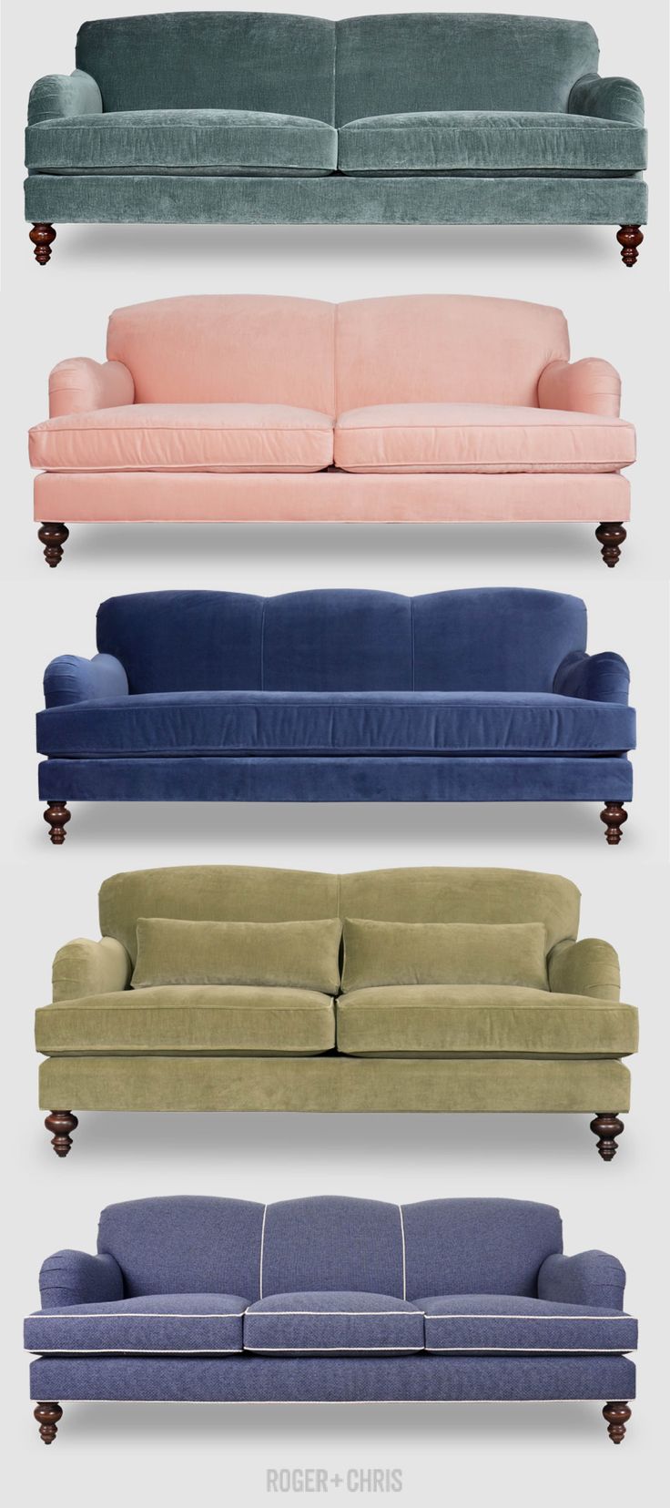 four different colored couches with wooden legs and arms, all lined up in the same row