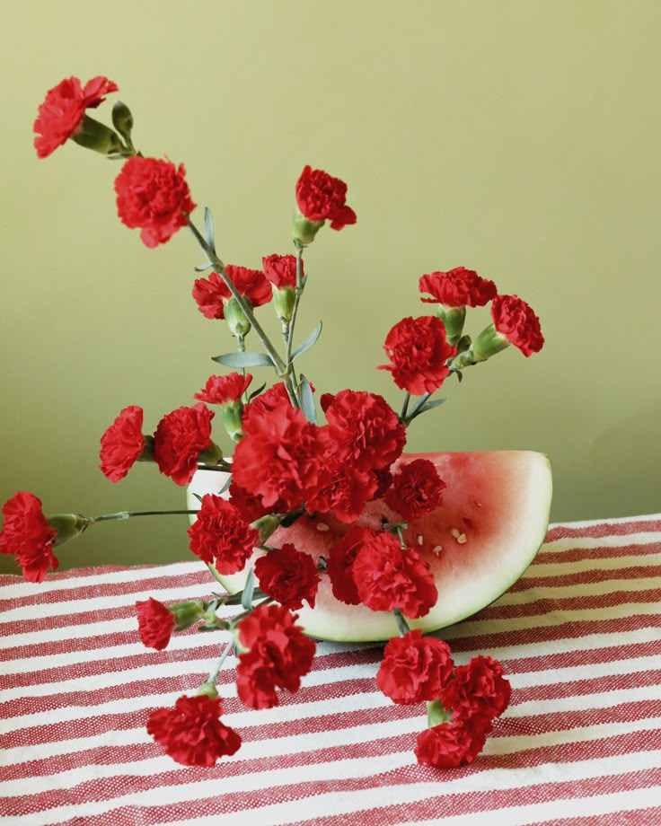 red carnations and watermelon slices sit on a striped tablecloth