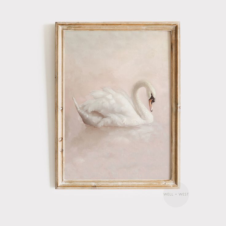 a painting of a white swan floating in the water