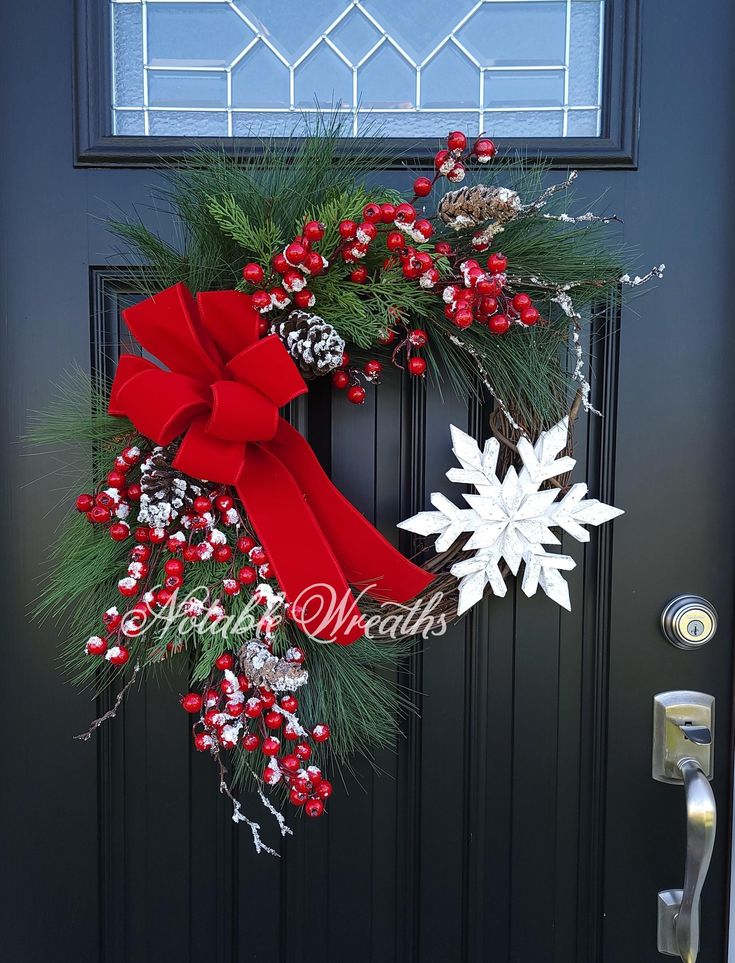 a christmas wreath is hanging on the front door