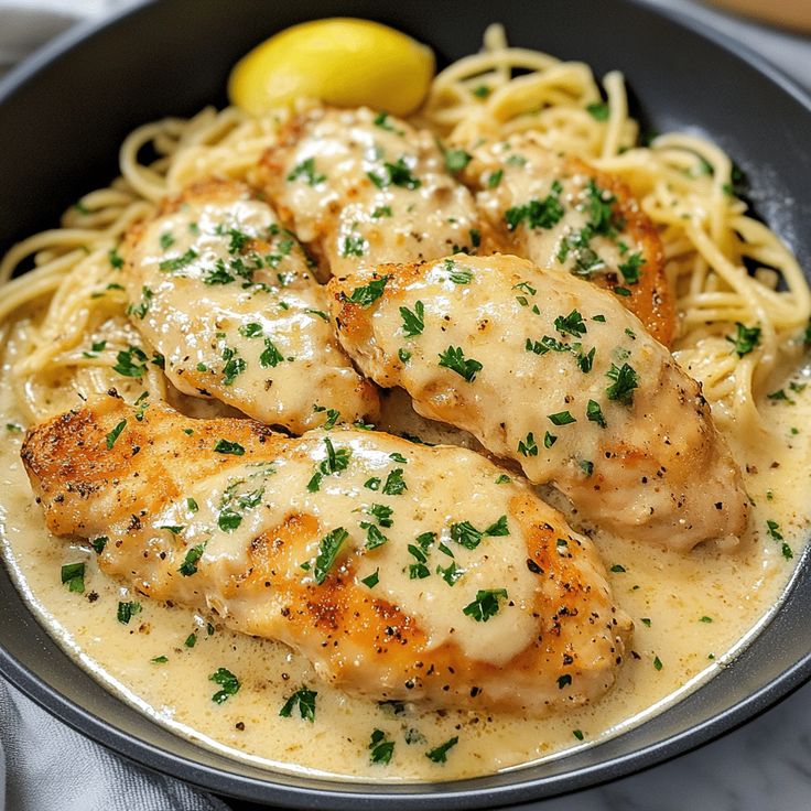 chicken with sauce and parmesan cheese in a skillet on a marble table