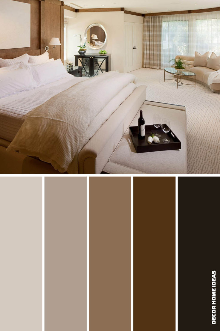 a bedroom with neutrals and browns in the color brown, beige, and white