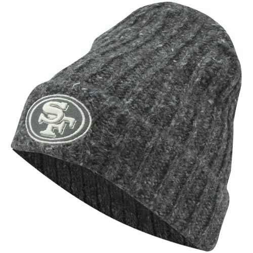 a new york jets knitted beanie hat with the nfl logo on it in grey