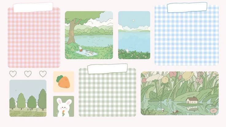 a collection of cards and envelopes with animals, flowers, trees, and water