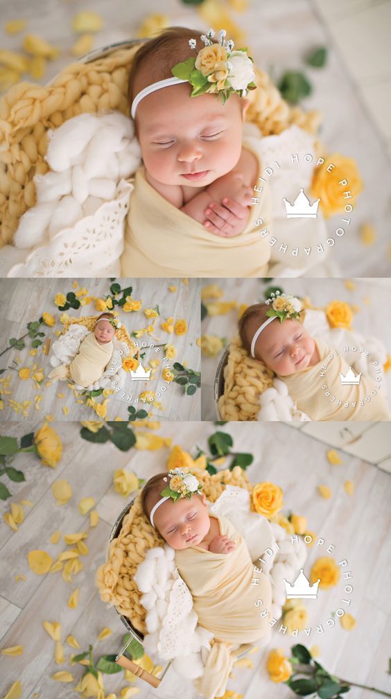 a baby is sleeping in a basket with yellow flowers