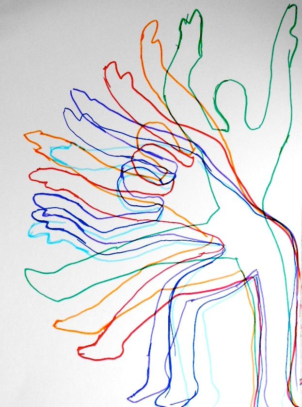 a drawing of a person with colored lines in the shape of their arms and legs