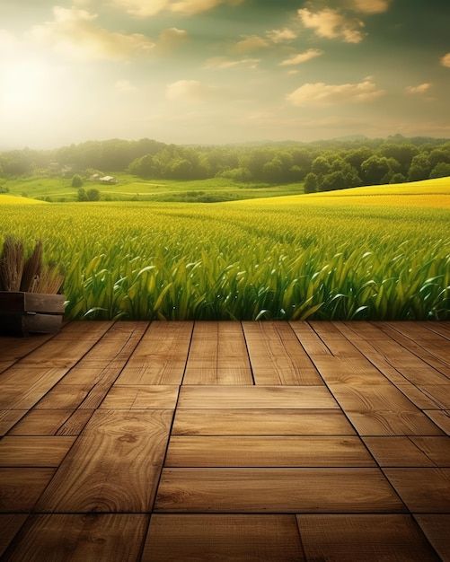 an empty wooden floor in front of a field with green grass and sun shining through the clouds