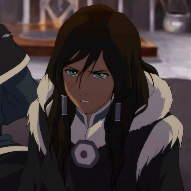 an anime character with long black hair and blue eyes, wearing a fur lined coat