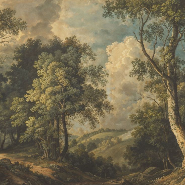 an image of a painting with trees and clouds in the background