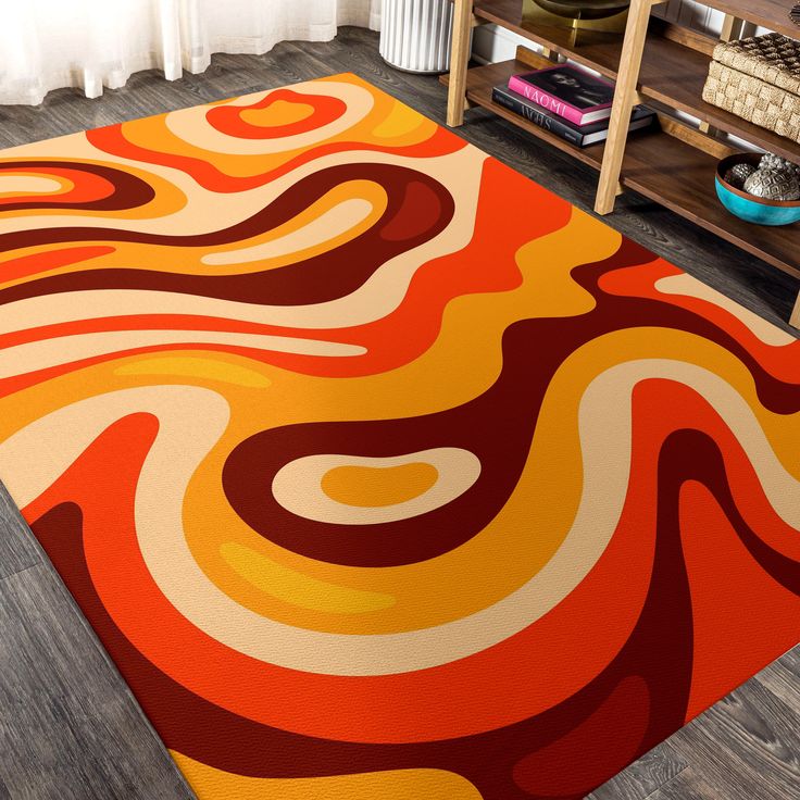 an orange, yellow and red rug in a living room