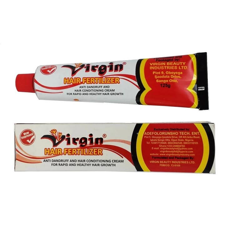 VIRGIN Hair Fertilizer Anti-Dandruff and Hair Conditioning Cream for Rapid and Healthy Hair Growth! Size: 125g Directions: Apply and massage Virgin Hair Fertilizer into your hair and scalp everyday, comb and style as desired for a healthy, strong & natural looking hair. (Keep out of reach of children) Store in a cool dry place. Ingredients: Herbal Extract, Petroleum Jelly, Peppermint Oil, Lanolin, Fragrance. Regrow Edges, Virgin Hair Fertilizer, Natural Hair Growth Products, Hair Fertilizer, Hair Growth Cream, Hair Growth Conditioner, Treat Damaged Hair, Dandruff Hair, Hair Conditioning