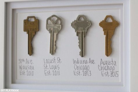 three keys are hanging on the wall in front of a white frame with names and date