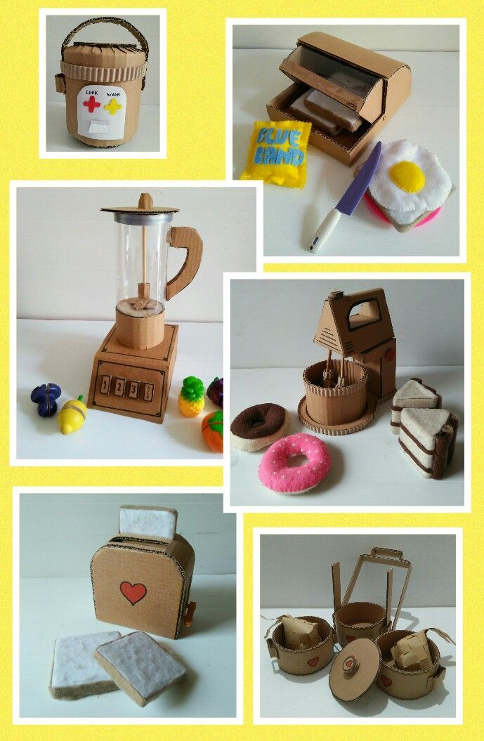 several pictures of various items made out of cardboard boxes and paper machs, including an egg carton, doughnut box, coffee maker, donut holes, and more