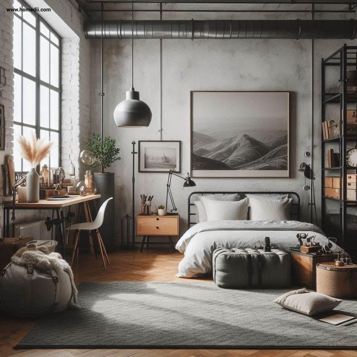 an industrial style bedroom with white walls and wood floors, large windows, gray bedding,