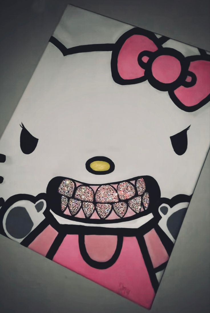 an image of a hello kitty painting on the wall with glitters in it's teeth