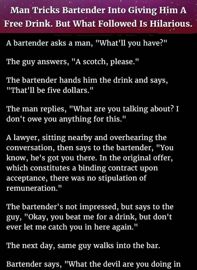 a poem written in black and white with the words, man thinks bartender into giving him a