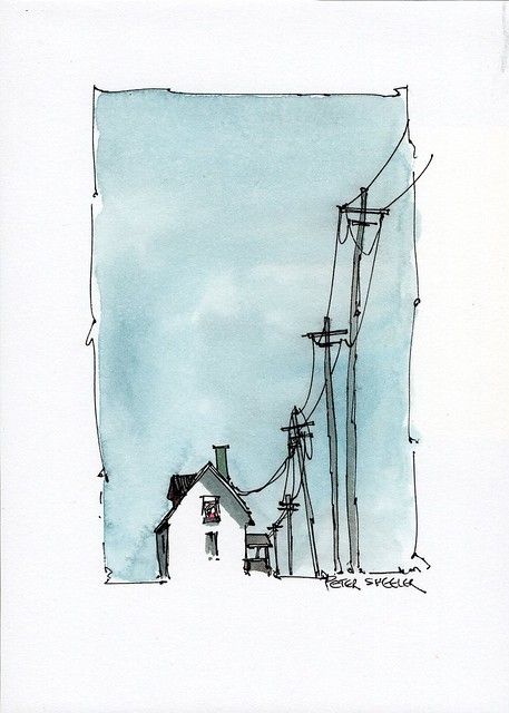 an ink drawing of power lines and houses