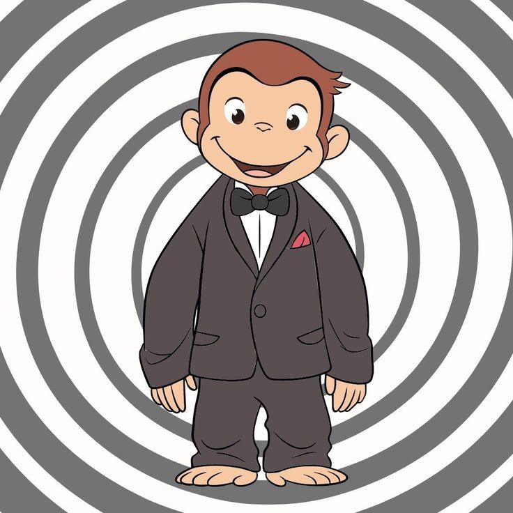 a monkey dressed in a suit and bow tie standing in front of a spiral background