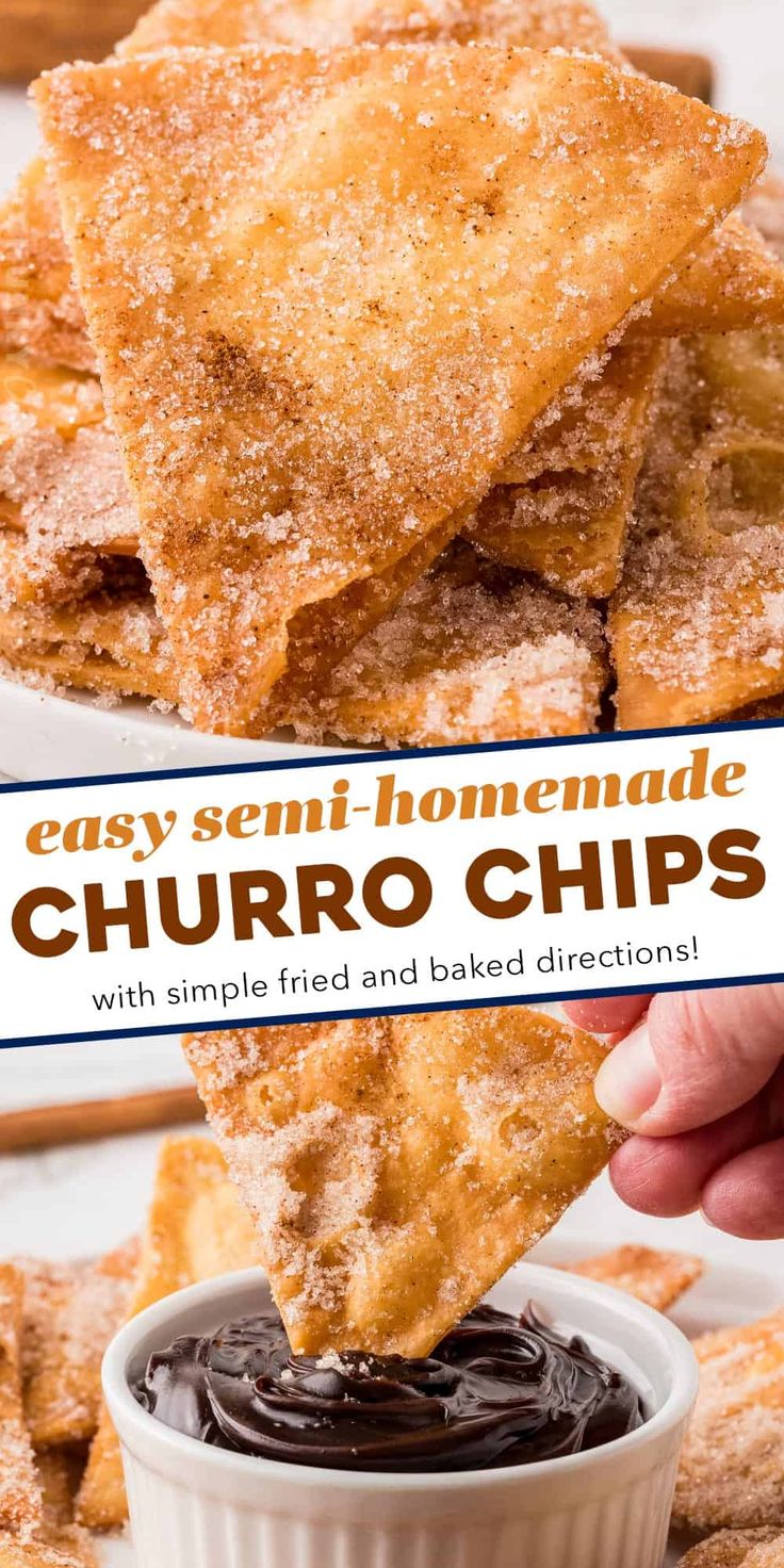 homemade churro chips being dipped with chocolate sauce