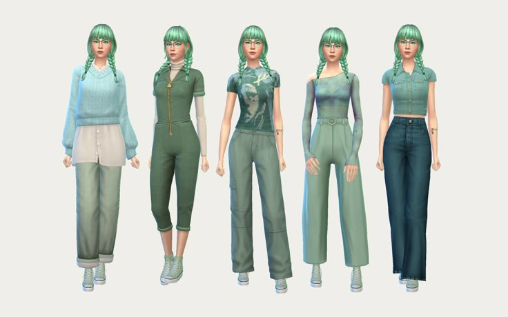 four different poses of the same woman in various outfits, all wearing green and blue