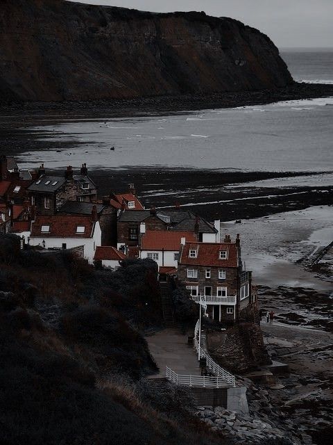 houses on the shore at night with an ocean and cliffs in the backgroud