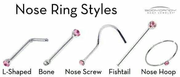 three different types of nose ring styles with pink crystal stones on each side and the words nose ring styles above them