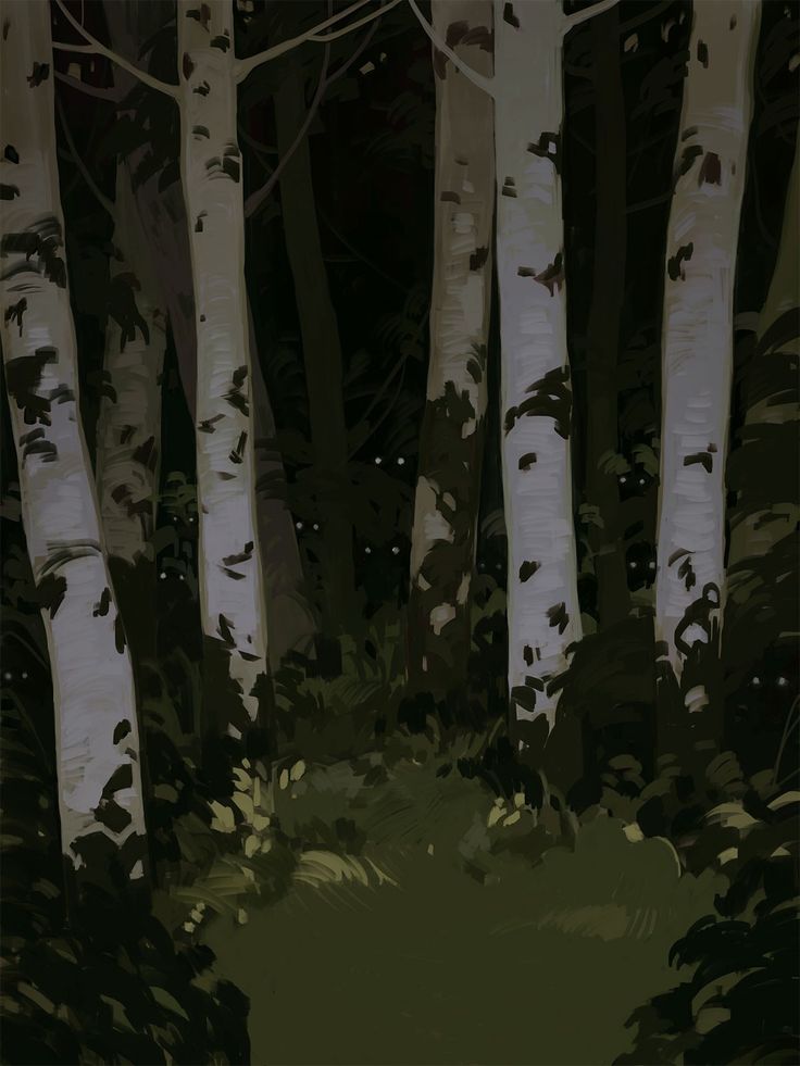 a painting of some trees in the woods