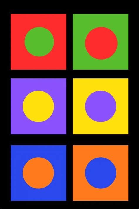 four squares with different colored dots in the middle and one circle at the bottom, all on black background