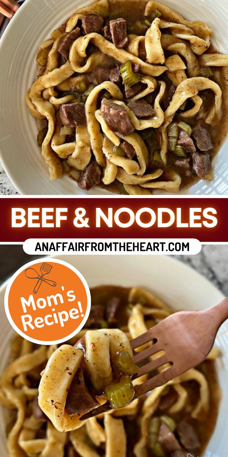 Beef and noodles in a white bowl and on a fork. Beef An Noodles, Beef Over Egg Noodles, How To Make Beef And Noodles, Beef Tips And Egg Noodles, Beef Tips Over Egg Noodles, Roast And Noodles, Beef And Noodle Recipes Easy, Beef And Noodles Reames, Noodle And Beef Recipes