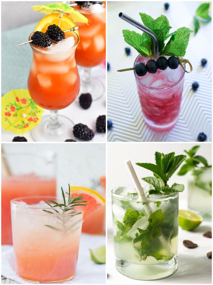 four different cocktails with fruits and vegetables in them