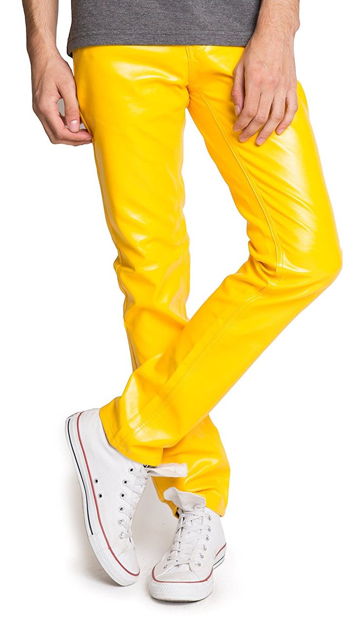 Ragstock Men's Metallic Shiny Jeans at Amazon Men’s Clothing store: Leather Bell Bottoms, Bottoms Men, Plastic Girl, Leather Jacket Men Style, Tight Leather Pants, Yellow Jeans, Metallic Jeans, Leather High Heel Boots, Mens Leather Pants