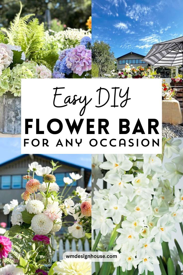 easy diy flower bar. flower bar for ay occasion. DIY flower bar idea. Flower Bar For Party, Make A Bouquet To Take On Your Way, Flower Bar Set Up Ideas, Diy Bloom Bar, Flower Bouquet Bar Ideas, Diy Flower Bar Stand, Diy Flower Bar Setup Ideas, Flower Making Party, Flower Bar Set Up