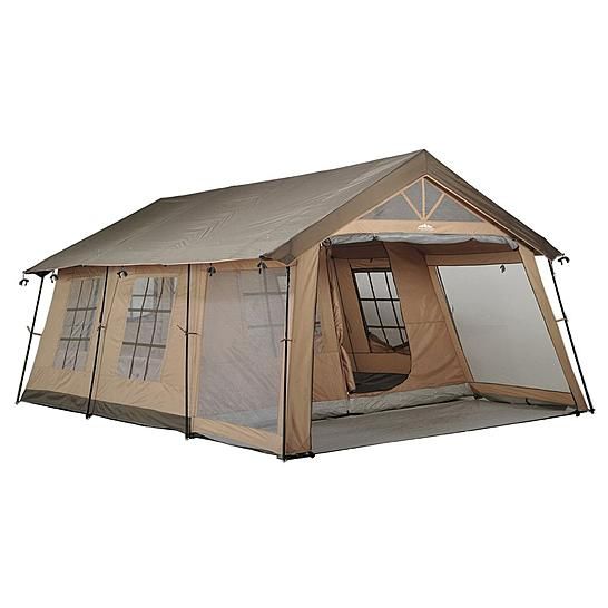 a tent that is set up with the door open and windows opened to let in light