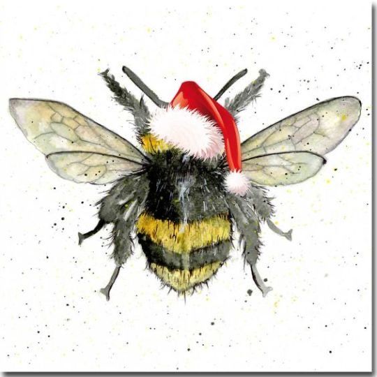 a bee with a santa hat on it's head is shown in watercolor