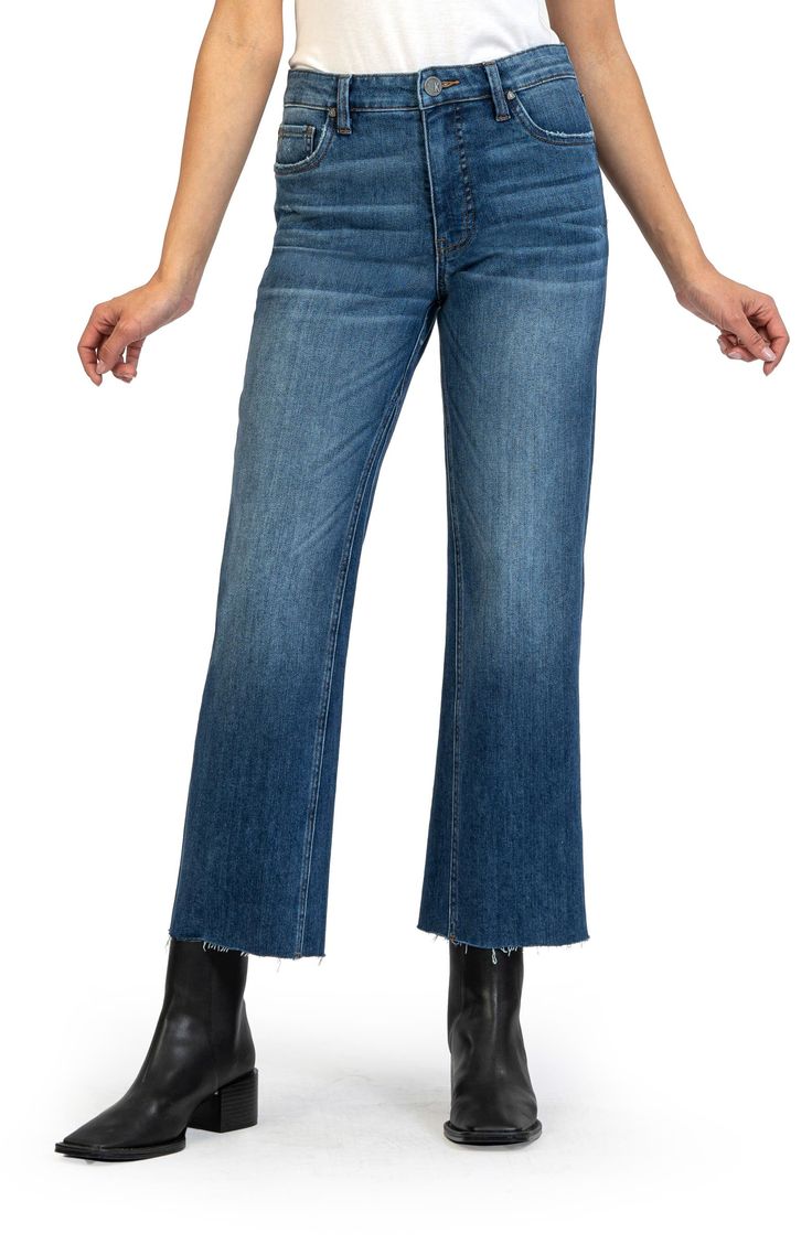 KUT from the Kloth Kelsey Fab Ab High Waist Raw Hem Ankle Flare Jeans | Nordstrom Wrap Jacket, Wide Legs, Flared Jeans, Shirt Accessories, Wide Leg Jeans, Bottoms Pants, Denim Women, Bell Bottom Jeans, Flare Jeans