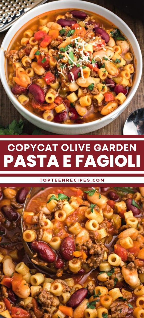 two pictures showing different types of pasta and meat in a bowl with the words copyotat olive garden pasta e fagioi