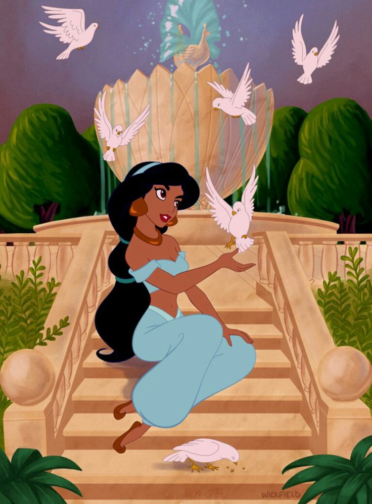 the princess from disney's pocahon is sitting on steps with doves in her hand