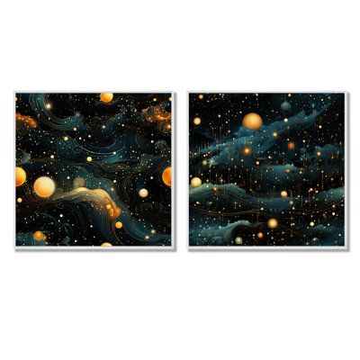 two pieces of artwork depicting the night sky with stars and planets in it, one is black