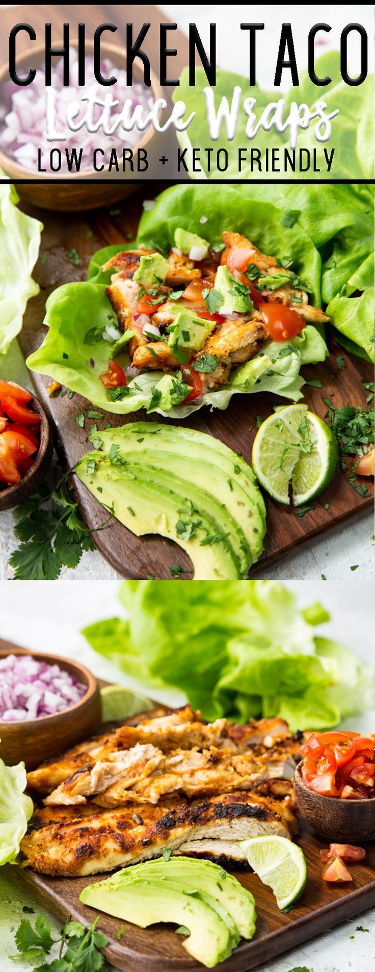 chicken taco with avocado, tomatoes and lettuce on a cutting board