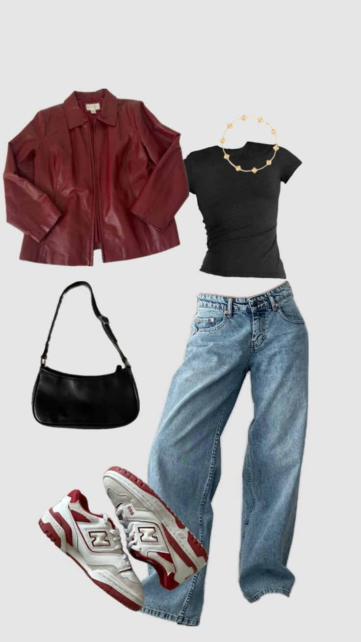 i want a red leather jacket so bad #outfitinspo Night Downtown Outfit, Outfit With A Leather Jacket, Red With Black Outfit, Girls Fit Ideas, Red Jacket Leather Outfit, Read Leather Jacket Outfit, All Too Well Aesthetic Outfit, Red Jacket Outfit Women, Outfit Inspo Jacket