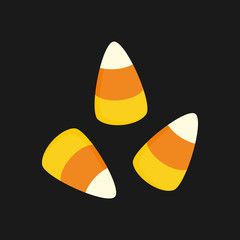 three candy corn on a black background with the word halloween written in white and orange