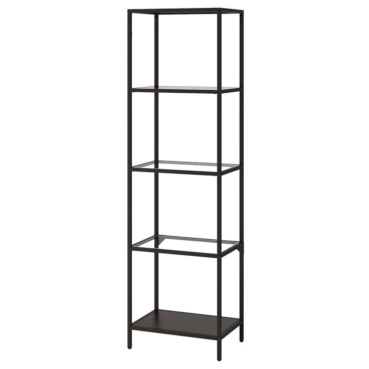 a tall black shelf with three shelves on each side and one in the middle, against a white background