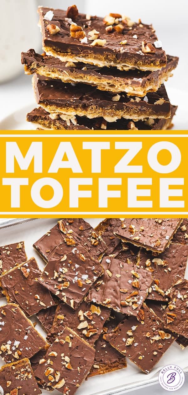 chocolate toffee on a plate with the title overlay reads, mazzo toffee