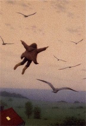 a person is flying through the air with birds in the sky behind him and on his back