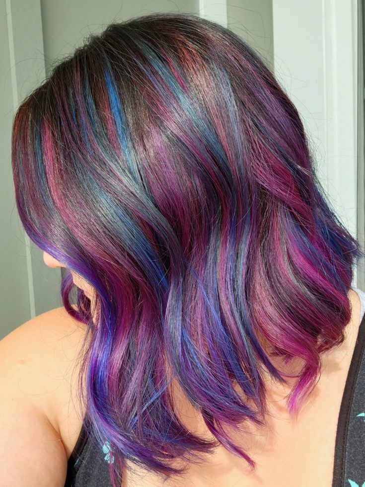 Brown Hair With Pink And Purple Highlights, Vivid Hair Extensions, Galaxy Hair Highlights, Blue Purple Brown Hair, Blue And Pink Highlights In Brown Hair, Vivid Balayage Short Hair, Vibrant Hair Highlights, Purple To Pink Ombre Hair Short, Purple And Pink Hair Short