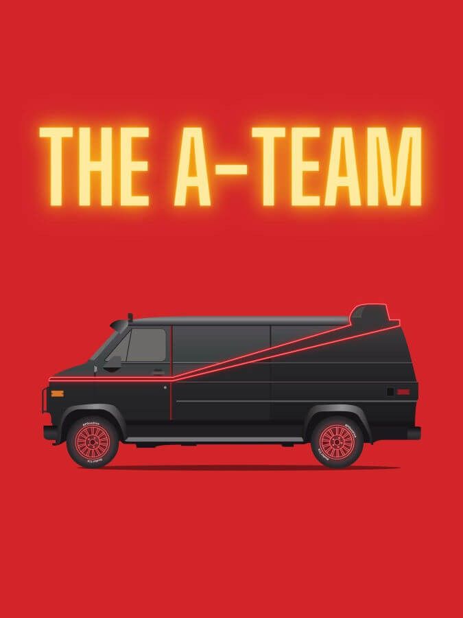 the a - team van is shown in front of a red background with yellow lettering